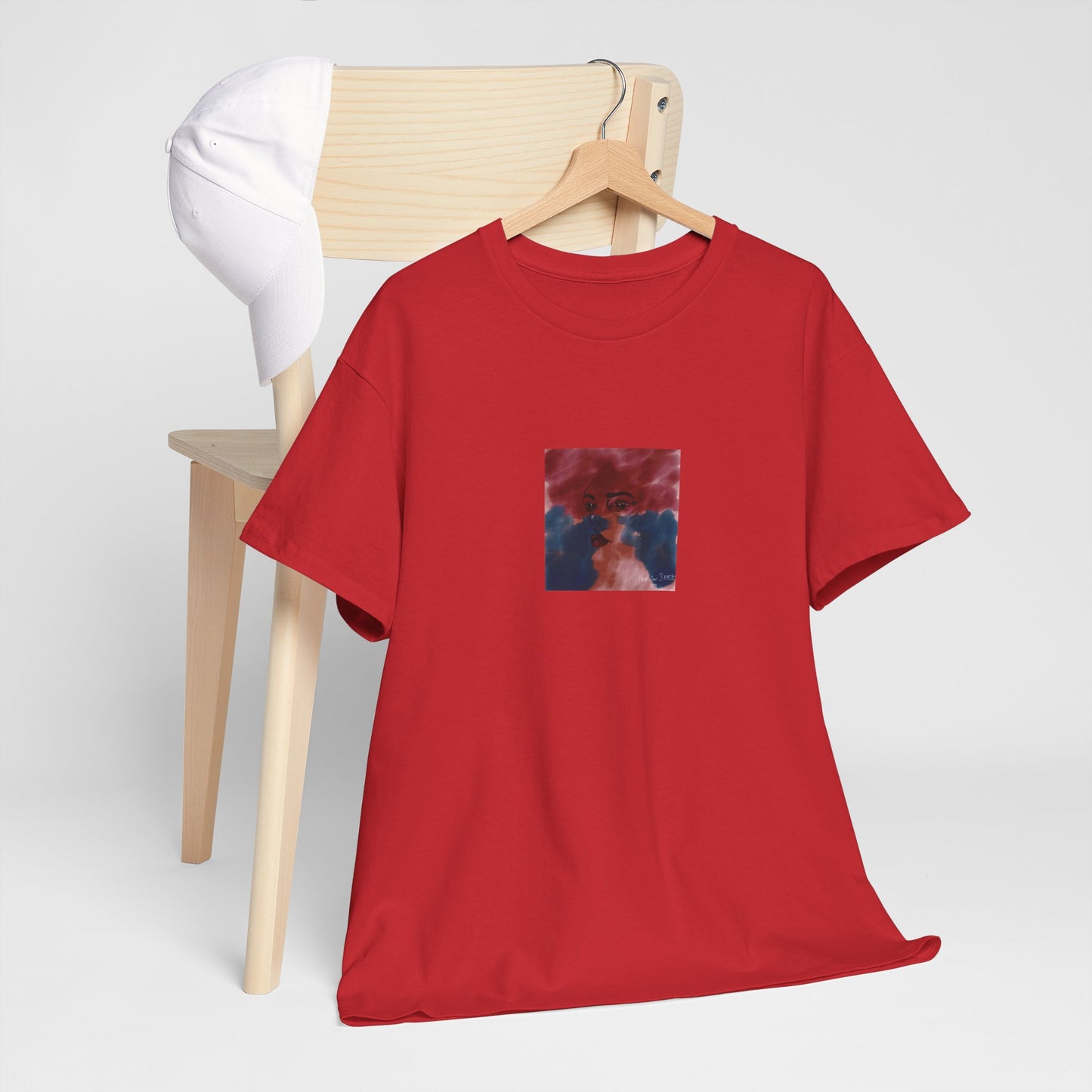Vista 2018 | Abstract Face T-Shirt — Red, Blue & Orange Cloud Paint Graphic Tee | Oscar Bayazit